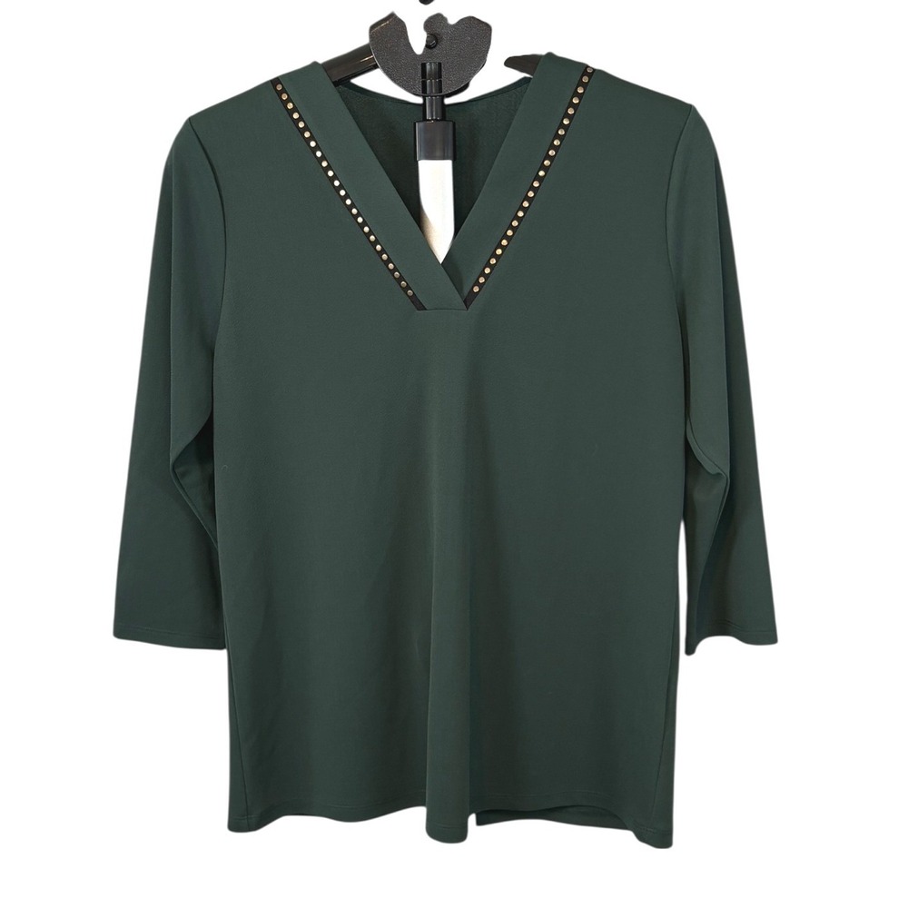Calvin Klein Womens Studded V-Neck 3/4 Sleeve Blouse Dark Green M NEW